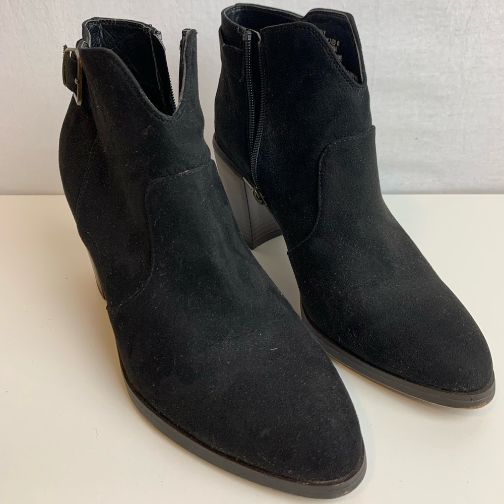 NEW. Never worn, suede, black booties. Size 9.